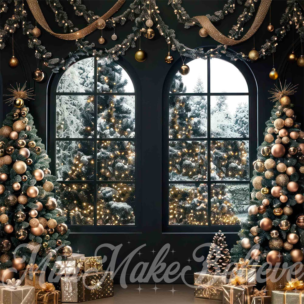 Fondo de ventana arqueada negro para fiesta navideña en interiores diseñado por Mini MakeBelieve