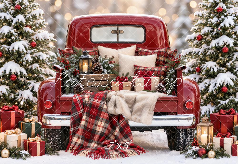 Kate Christmas Red Vintage Truck Snowy Trees Plaid Blanket Printed Backdrop Designed by Emetselch