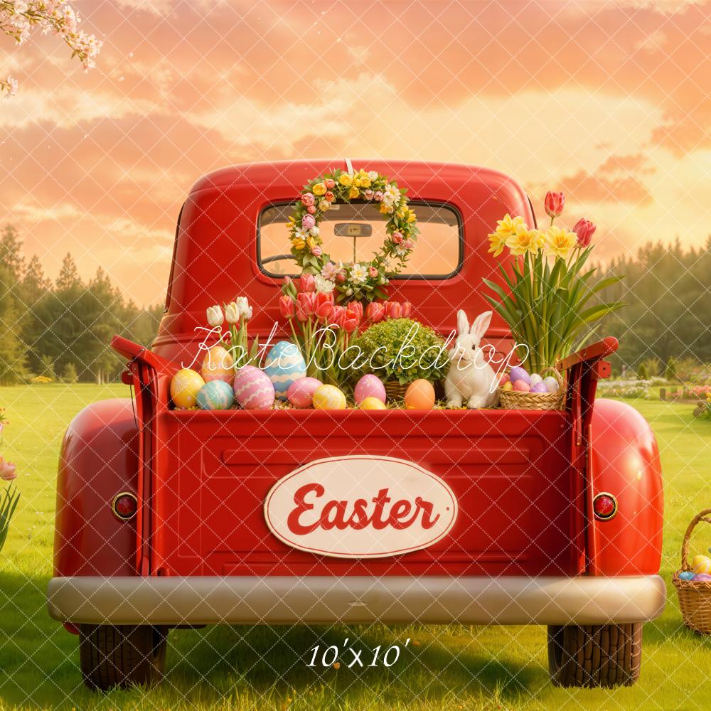 Kate Easter Red Truck Eggs Bunny Flowers Garden Backdrop Designed by Emetselch