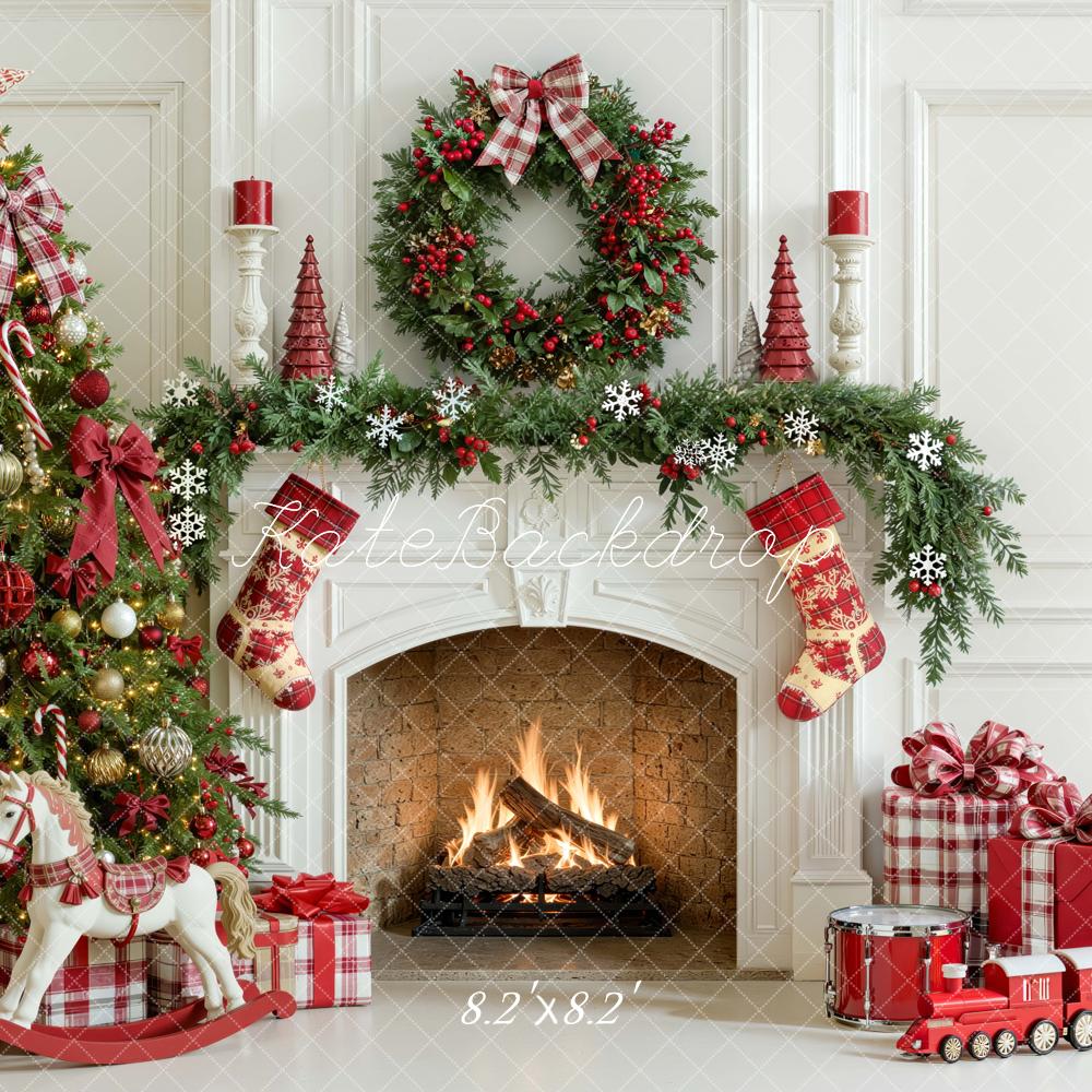 Kate Christmas Fireplace Red Plaid Tree Wreath Gifts Snowflakes Printed Backdrop Designed by Mini MakeBelieve