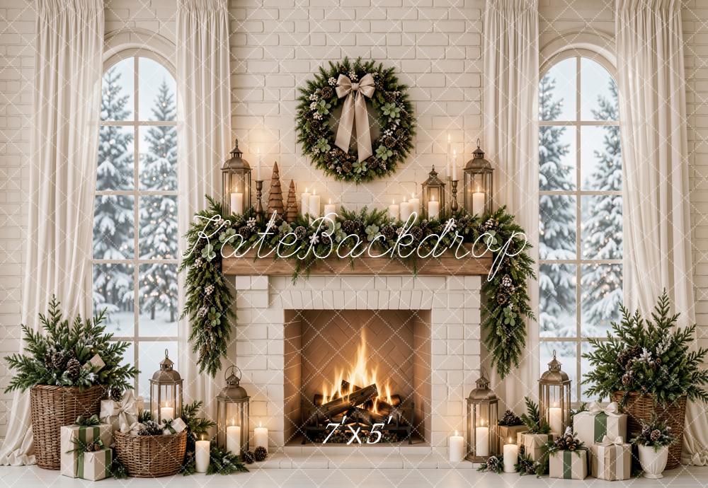 Kate Christmas White Brick Fireplace Wreath Arched Window Printed Backdrop Designed by Emetselch