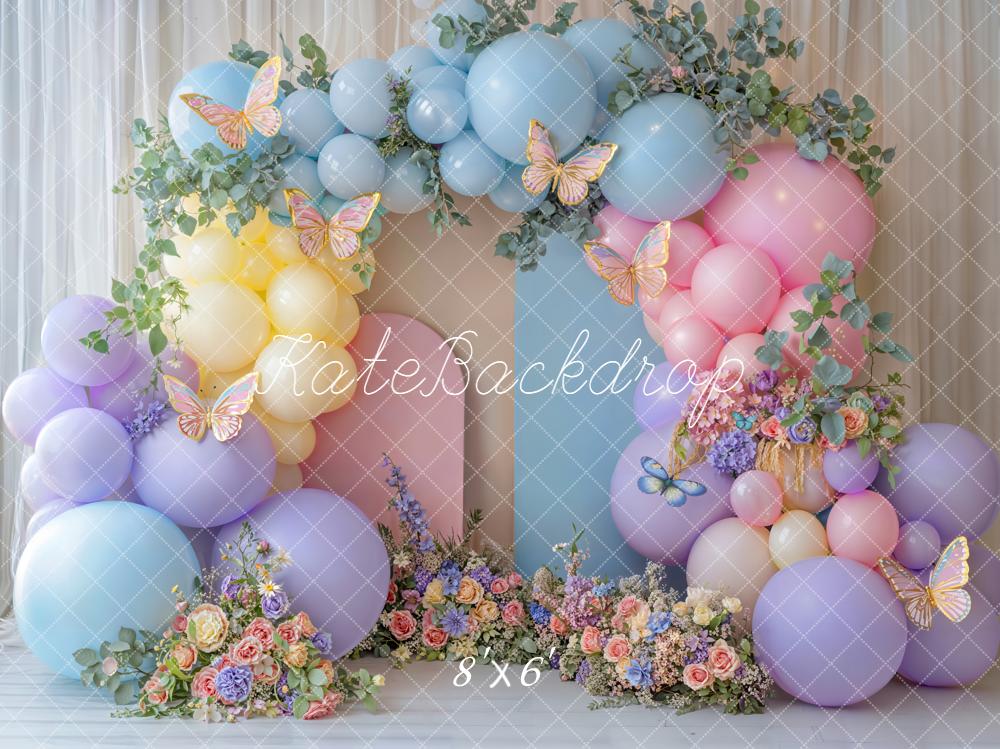 Kate Cake Smash Balloon Arch Pastel Butterfly Flowers Printed Backdrop Designed by Emetselch