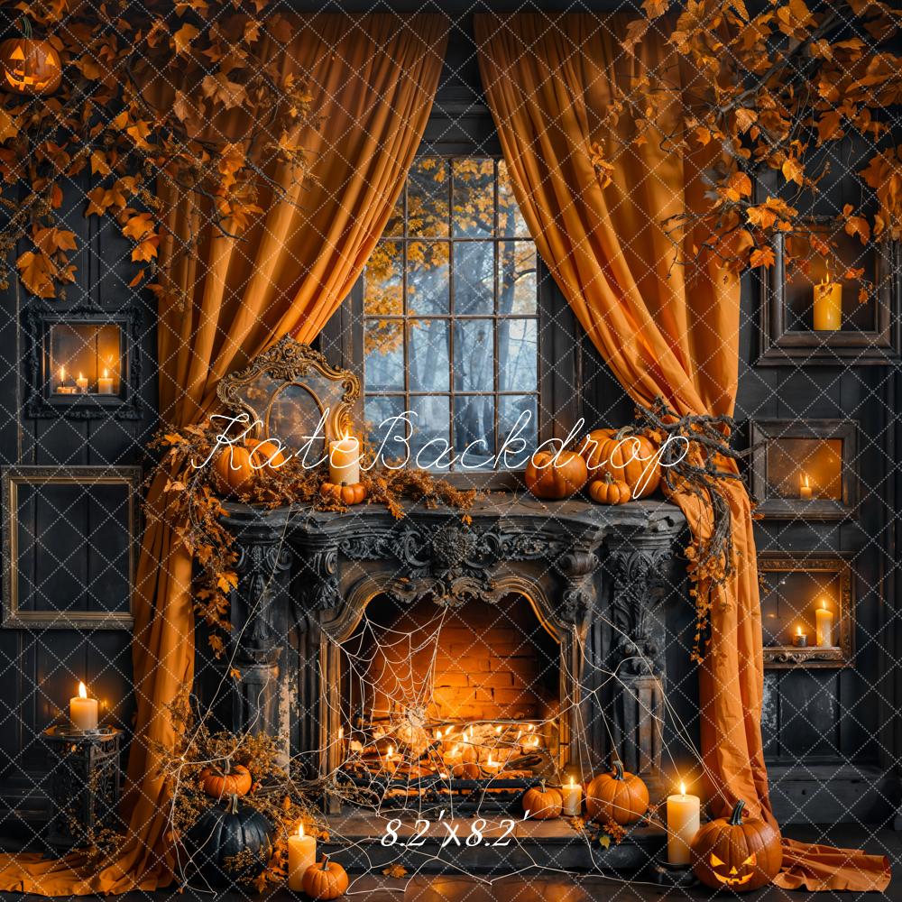Kate Halloween Pumpkin Orange Curtain Black Fireplace Backdrop Designed by Emetselch
