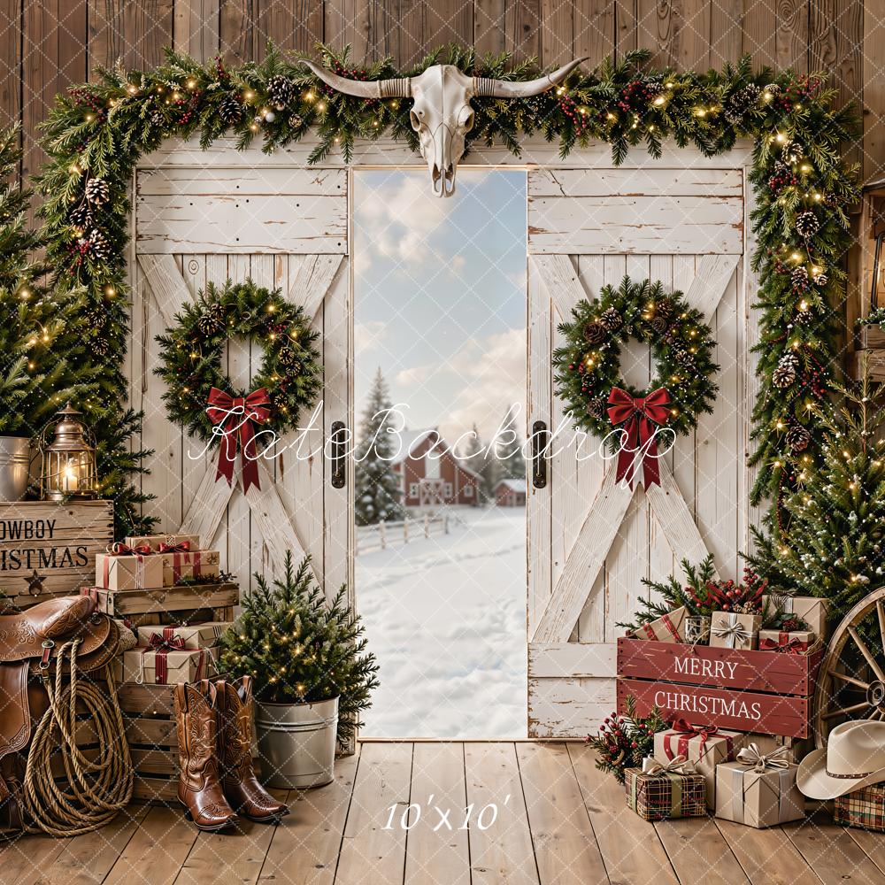 Kate Christmas Cowboy White Barn Door Wreath Garland Snow Printed Backdrop Designed by Emetselch