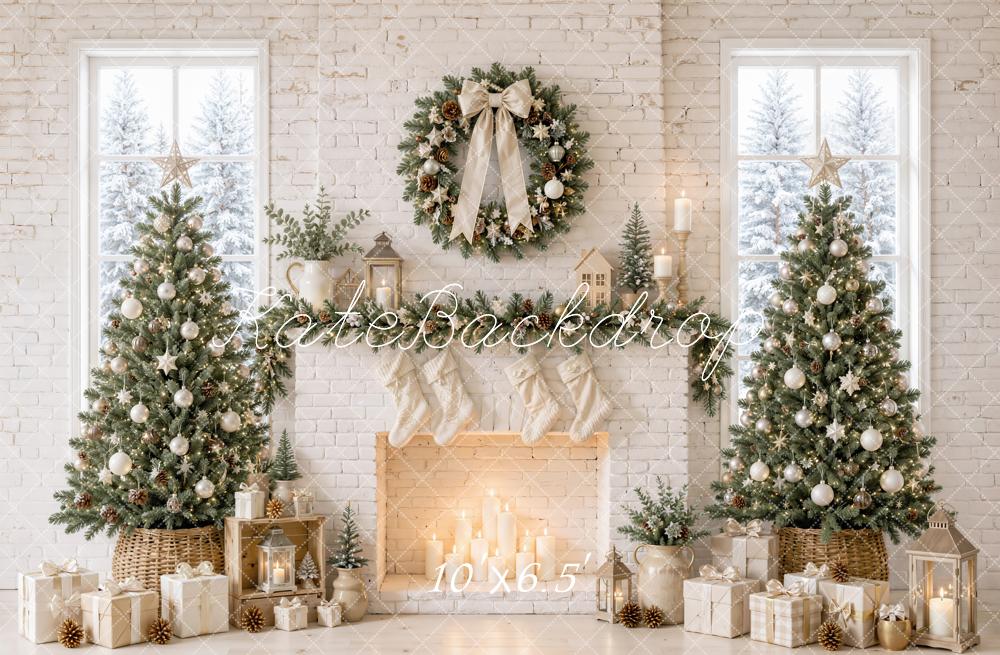 Kate Christmas Trees White Brick Fireplace Wreath Printed Backdrop Designed by Emetselch