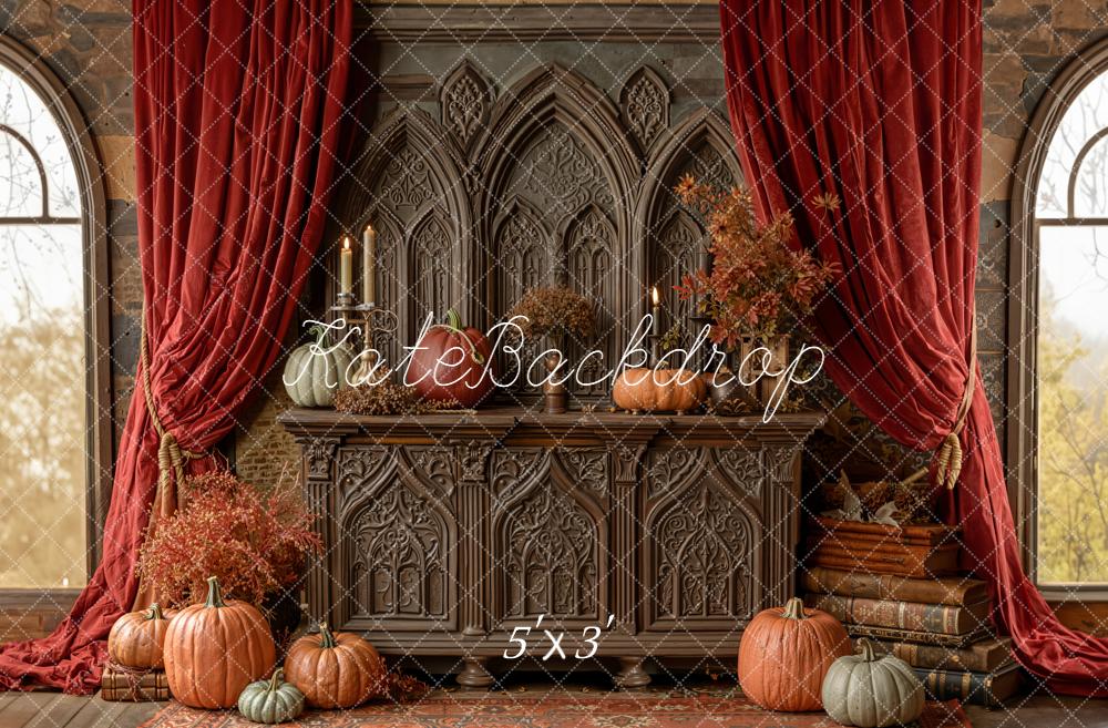 Kate Fall Gothic Cabinet Pumpkins Red Drapes Backdrop Designed by Emetselch