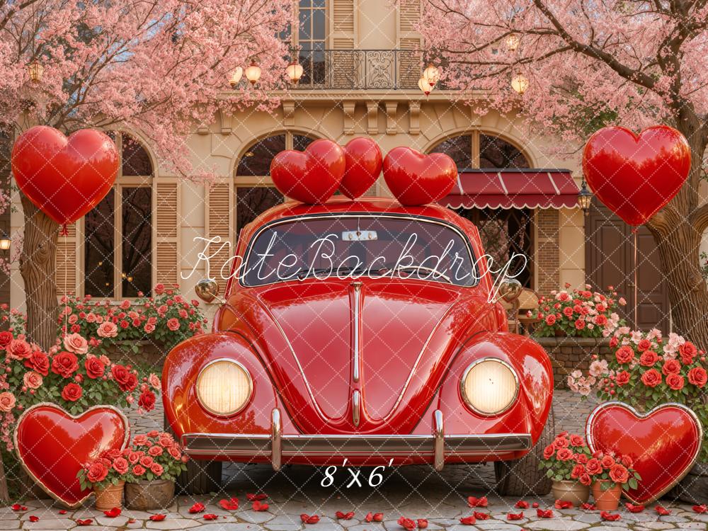 Kate Valentine's Day Red Car Heart Balloons Pink Flowers Backdrop Designed by Emetselch