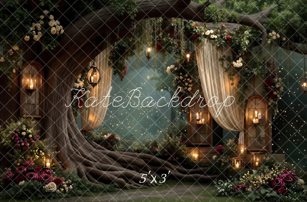 Kate Fairy Fantasy Tree Drapes Flowers Candles Printed Backdrop Designed by Mini MakeBelieve
