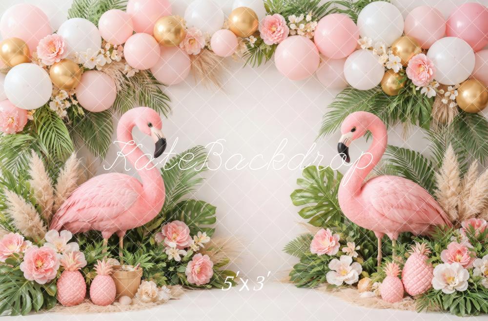 Kate Summer Flamingo Pink Balloons Tropical Greenery Pineapples Printed Backdrop Designed by Vertigo Productions