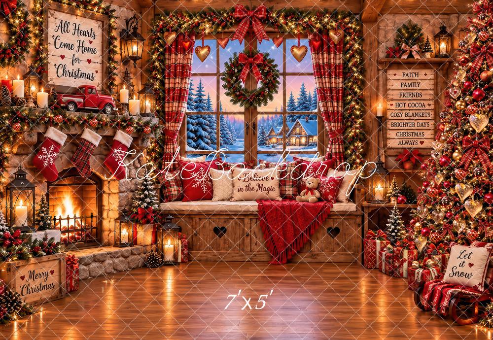 Kate Christmas Rustic Cabin Fireplace Window Wreath Trees Printed Backdrop Designed by Laura Bybee