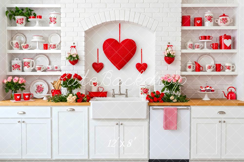 Kate Valentine's Day Red Hearts White Brick Kitchen Backdrop Designed by Patty Roberts