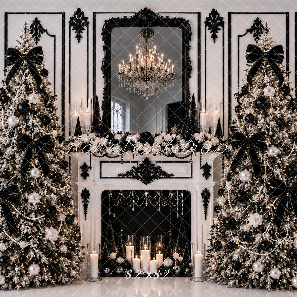 Kate Christmas Posh Black White Trees Fireplace Chandelier Printed Backdrop Designed by Ashley Paul
