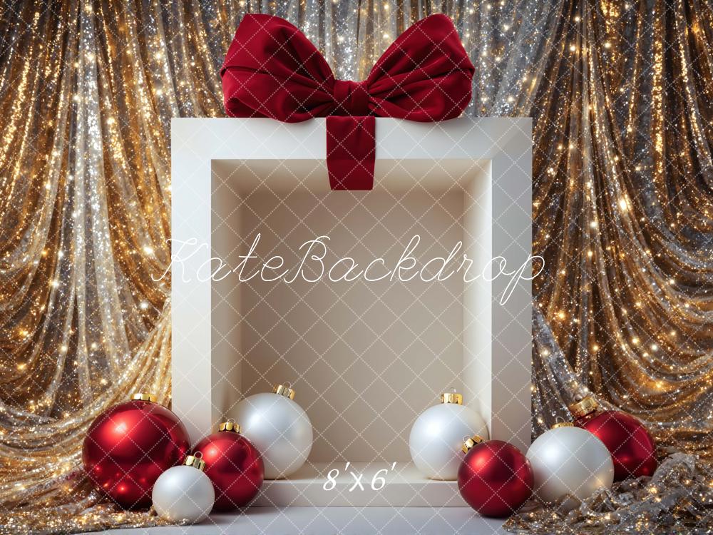 Kate Christmas Gift Box Red Bow Ornaments Gold Glitter Drapes Printed Backdrop Designed by Mini MakeBelieve