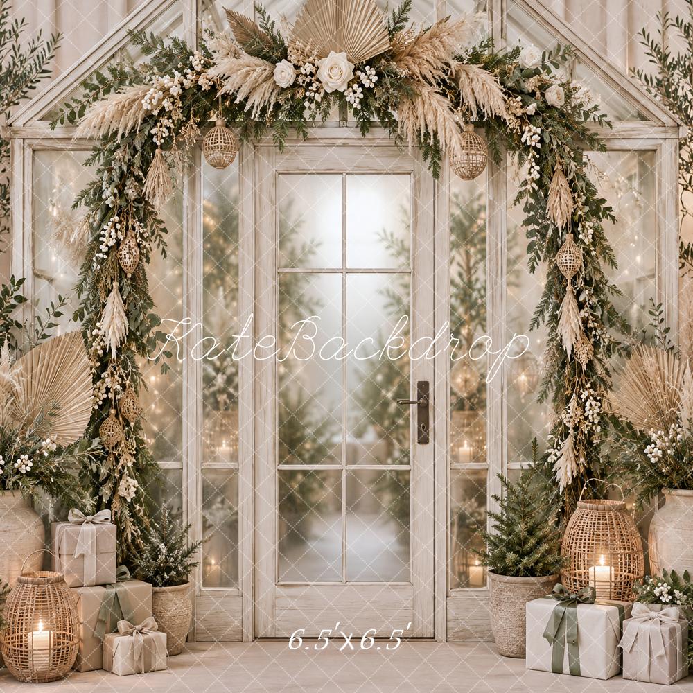 Kate Christmas Boho Greenery Arch Glass Door Gifts Printed Backdrop Designed by Vertigo Productions