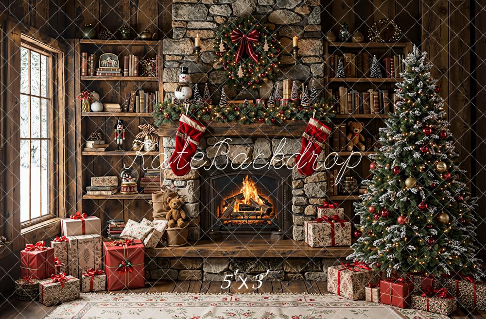 Kate Christmas Fireplace Stone Wall Bookshelves Tree Wooden Backdrop Designed by Emetselch