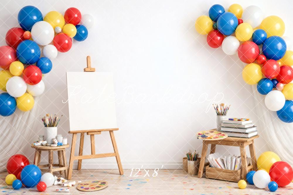Kate Kids Art Studio Balloons Easel White Printed Backdrop Designed by Vertigo Productions