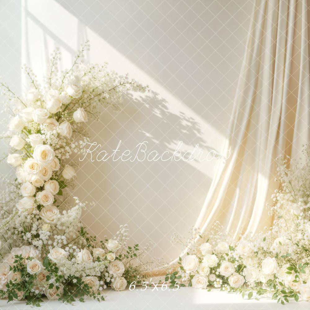 Kate Boho White Flower Arch Cream Roses Drapes Backdrop Designed by Emetselch