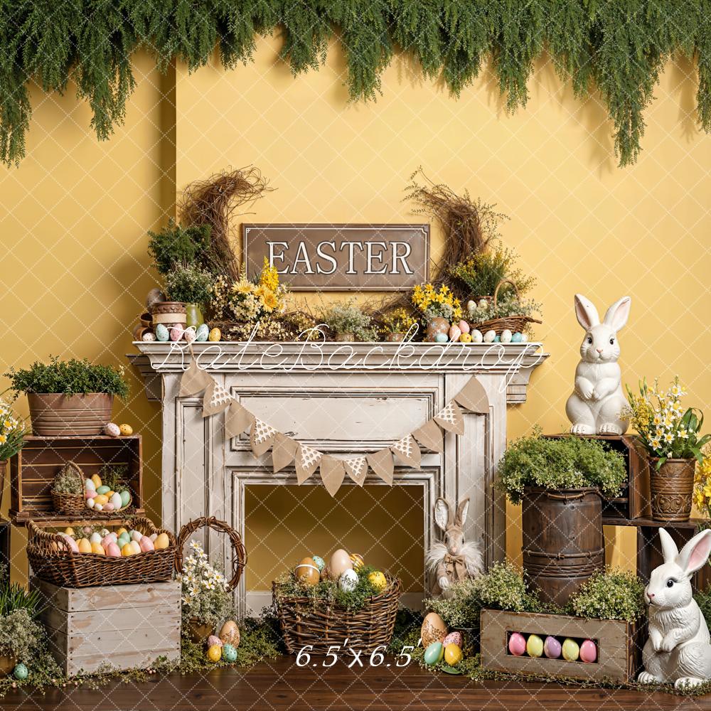 Kate Easter Bunny Fireplace Eggs Yellow Flowers Backdrop Designed by Emetselch