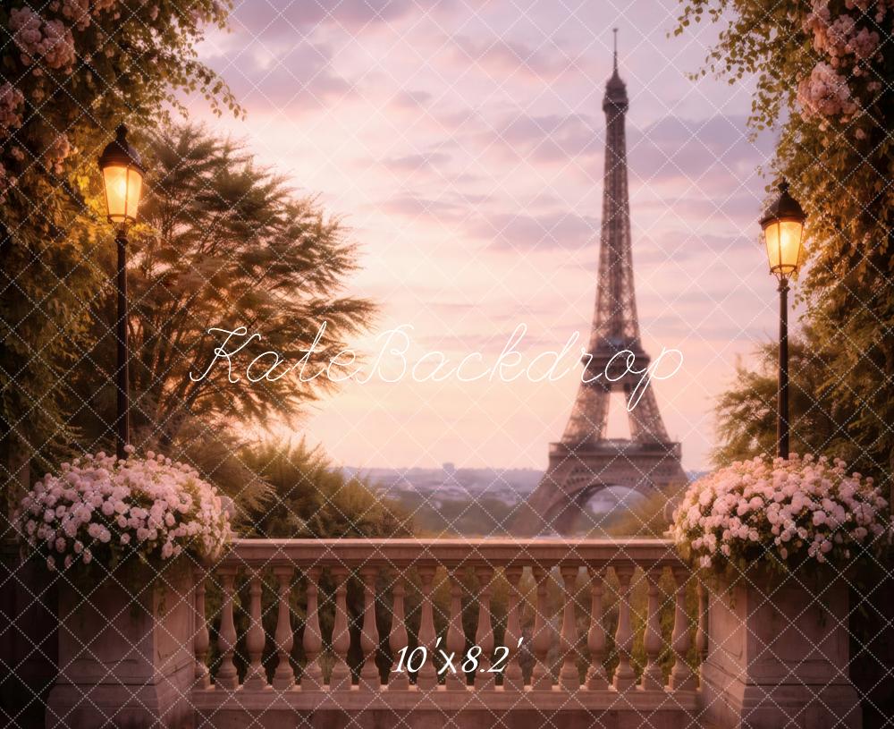 Kate Paris Balcony Eiffel Tower Flowers Sunset Printed Backdrop Designed by Vertigo Productions