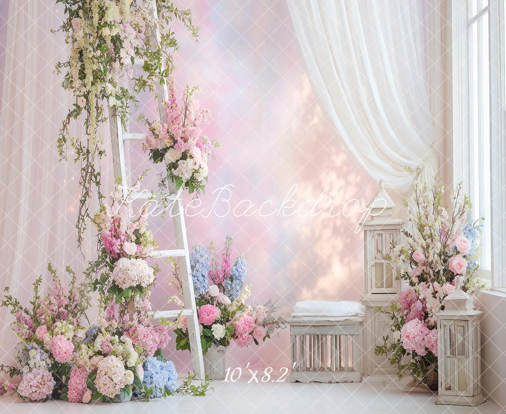 Kate Summer Pastel Flower Arch Ladder and Lanterns Printed Backdrop Designed by Angela Miller
