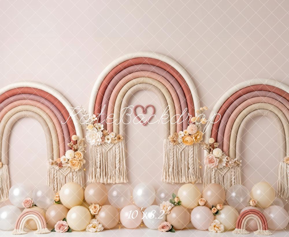 Kate Cake Smash Boho Blush Macrame Rainbow Balloons Printed Backdrop Designed by Patty Roberts