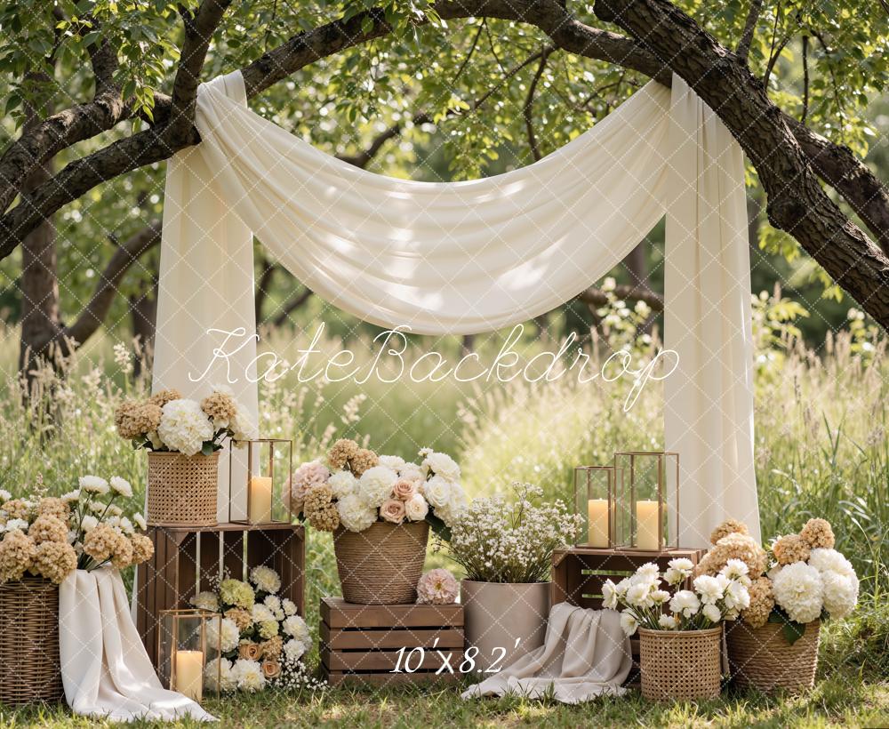 Kate Flower Arch Cream Drapes Rustic Baskets Printed Backdrop Designed by Mini MakeBelieve