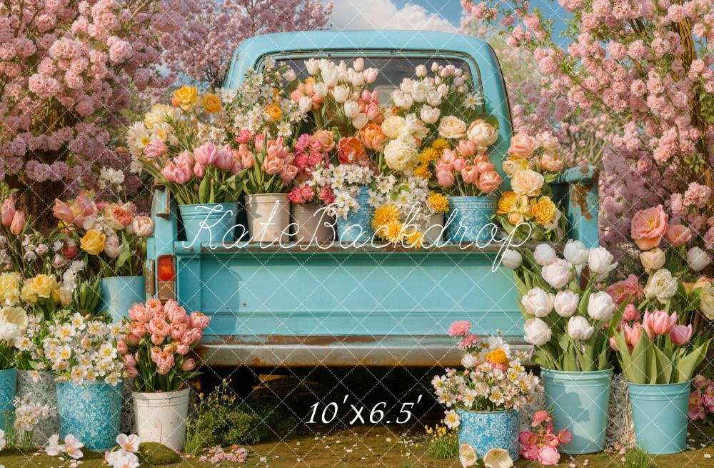 Kate Spring Blue Truck Floral Pink Blossoms Garden Backdrop Designed by Emetselch
