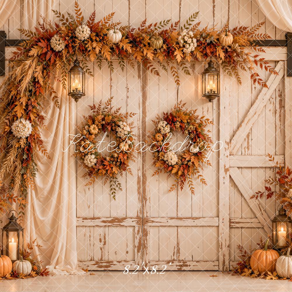Kate Fall Floral Rustic Barn Door Pumpkins White Drapes Printed Backdrop Designed by Emetselch