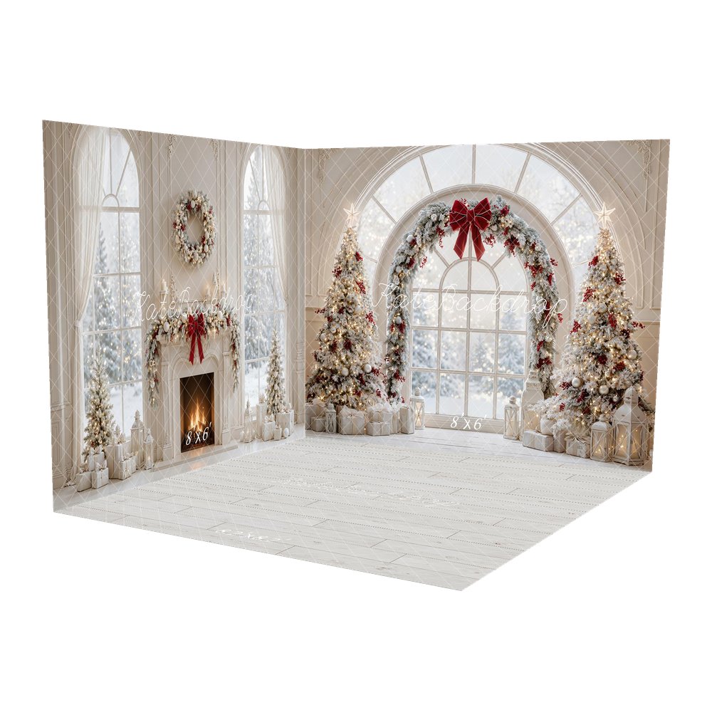 Kate Christmas Trees White Arch Window Red Bow Snowy Printed Backdrop Room Set
