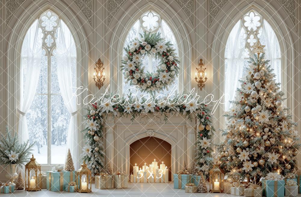 Kate Christmas Cathedral Fireplace Wreath Tree Printed Backdrop Designed by Mini MakeBelieve