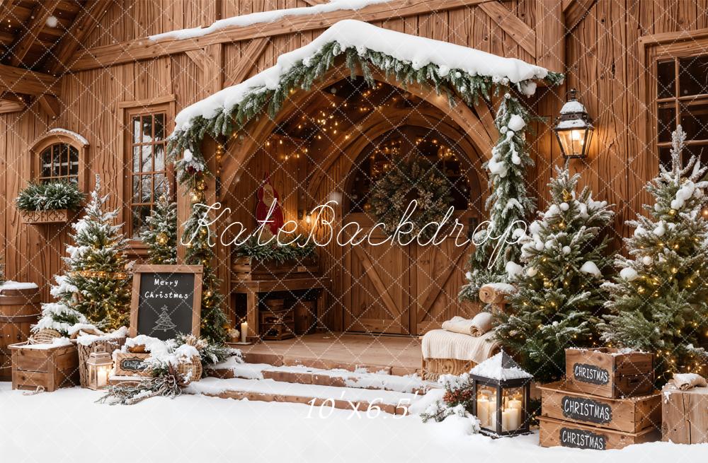 Kate Christmas Snowy Wooden Porch Pine Trees Backdrop Designed by Emetselch