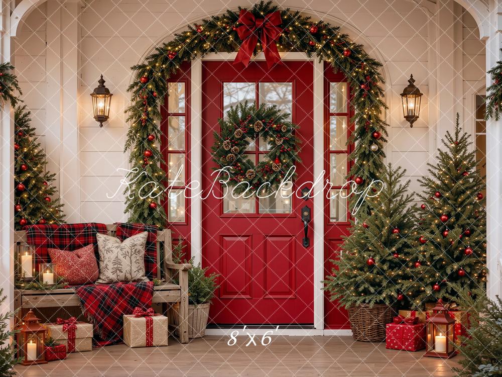 Kate Christmas Red Door Front Porch Garland Trees Gifts Printed Backdrop Designed by Shutter Swan Studios