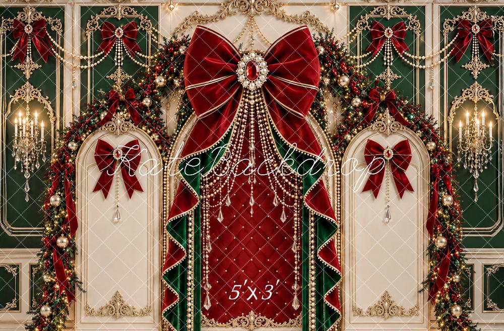 Kate Christmas Baroque Red Bow Wreath Ornate Printed Backdrop Designed by Ashley Paul