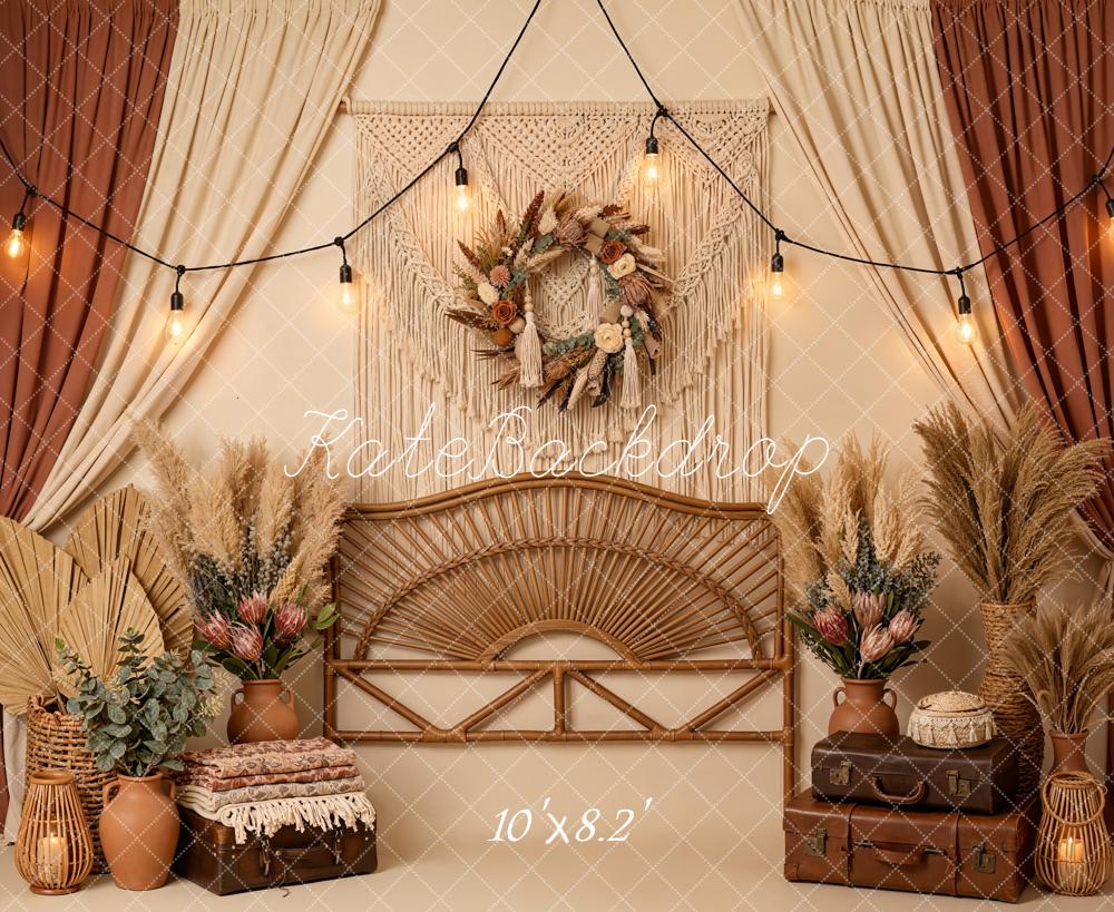 Kate Boho Macrame Wreath Pampas Grass Rattan Bench Backdrop Designed by Emetselch
