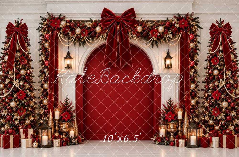 Kate Christmas Red Velvet Bow Arch Garland Trees Pearl Printed Backdrop Designed by Ashley Paul