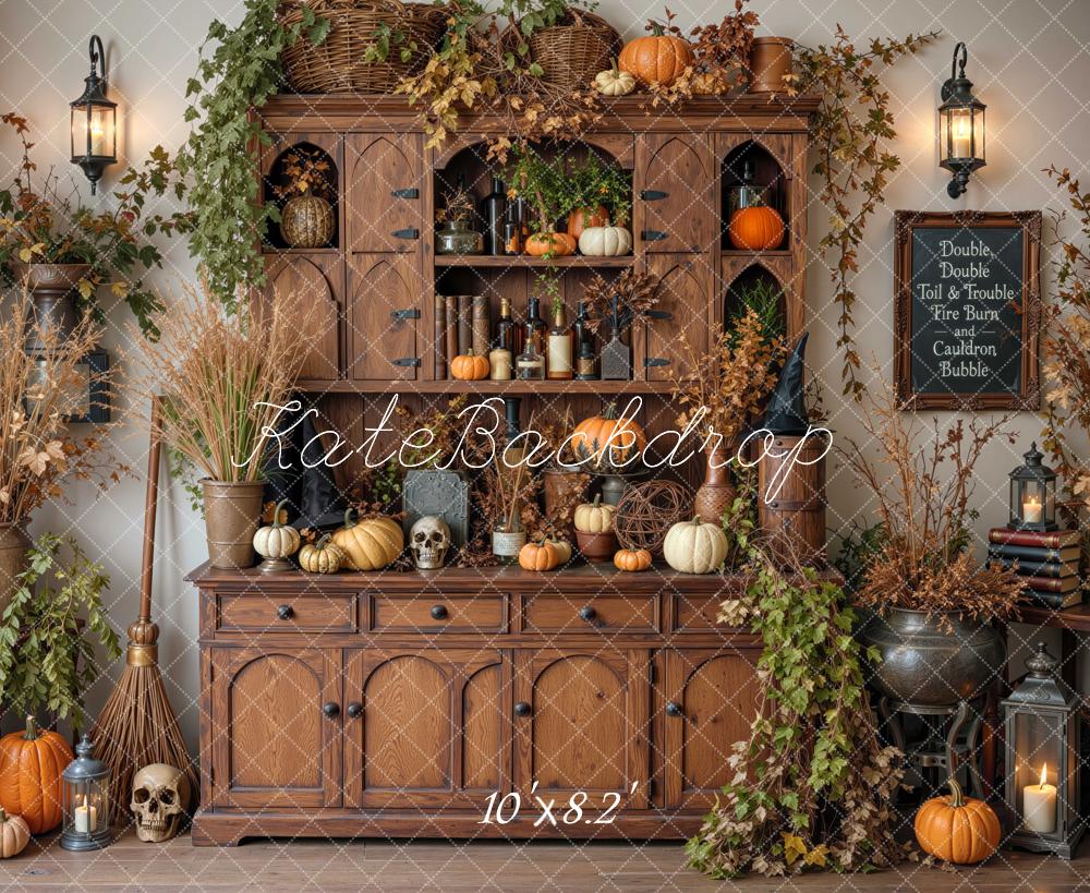Kate Halloween Witches Hutch Gothic Cabinet Pumpkins Cauldron Printed Backdrop Designed by Mini MakeBelieve