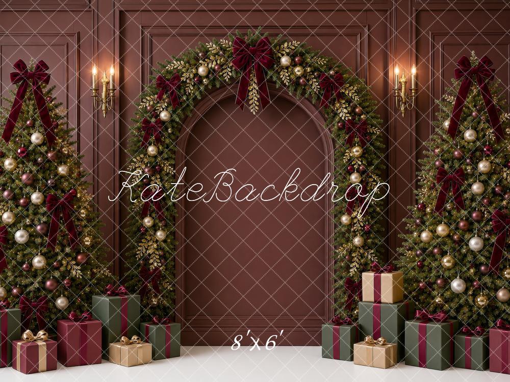 Kate Christmas Burgundy Garland Arch Trees Bow Gifts Printed Backdrop Designed by Shutter Swan Studios