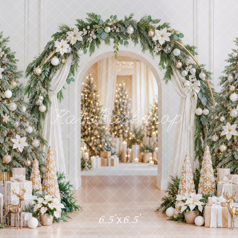 Kate Christmas Poinsettia Greenery Arch Decorated Trees Printed Backdrop Designed by Mini MakeBelieve