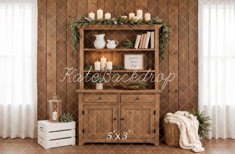Kate Rustic Wooden Cabinet Candles Garland Crate Basket Printed Backdrop Designed by Emetselch