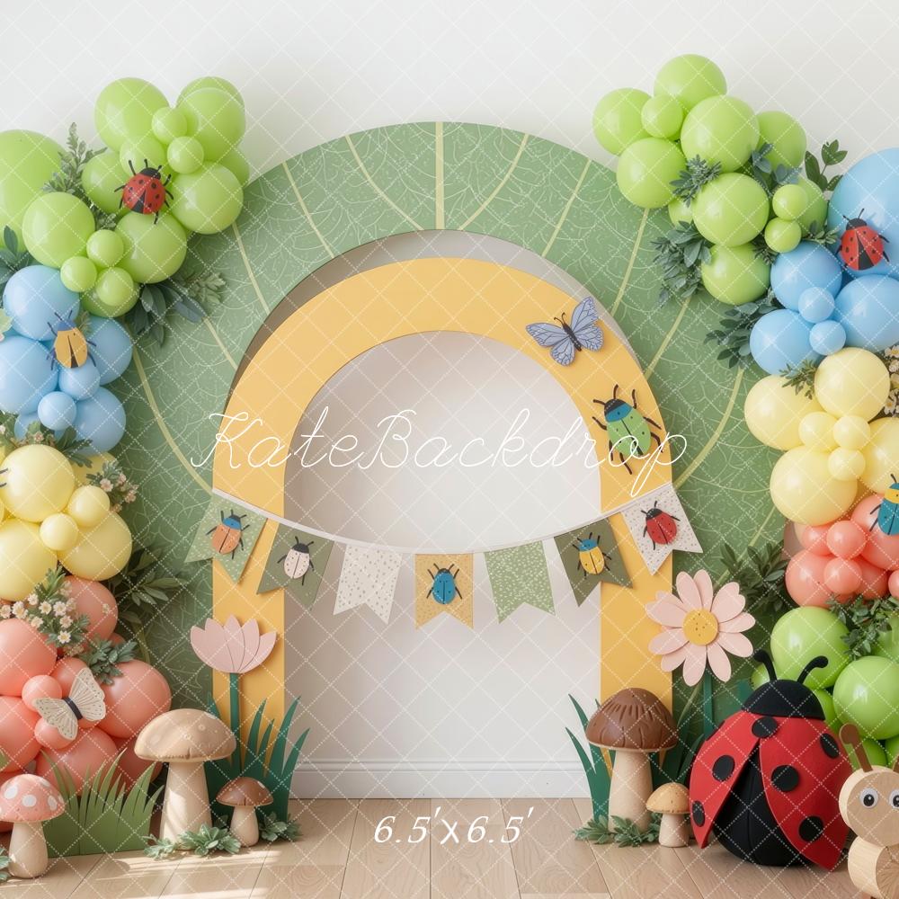 Kate Cake Smash Cute Insects Caterpillar Balloons Arch Mushrooms Ladybug Printed Backdrop Designed by Mini MakeBelieve