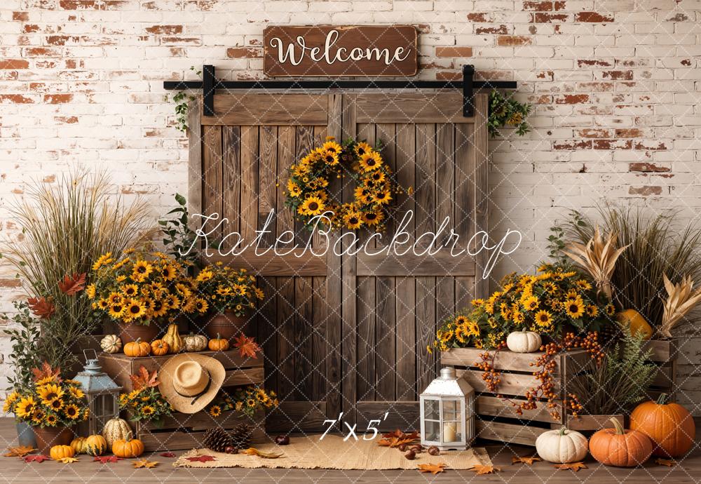 Kate Fall Sunflower Pumpkin Barn Door Rustic Printed Backdrop Designed by Emetselch