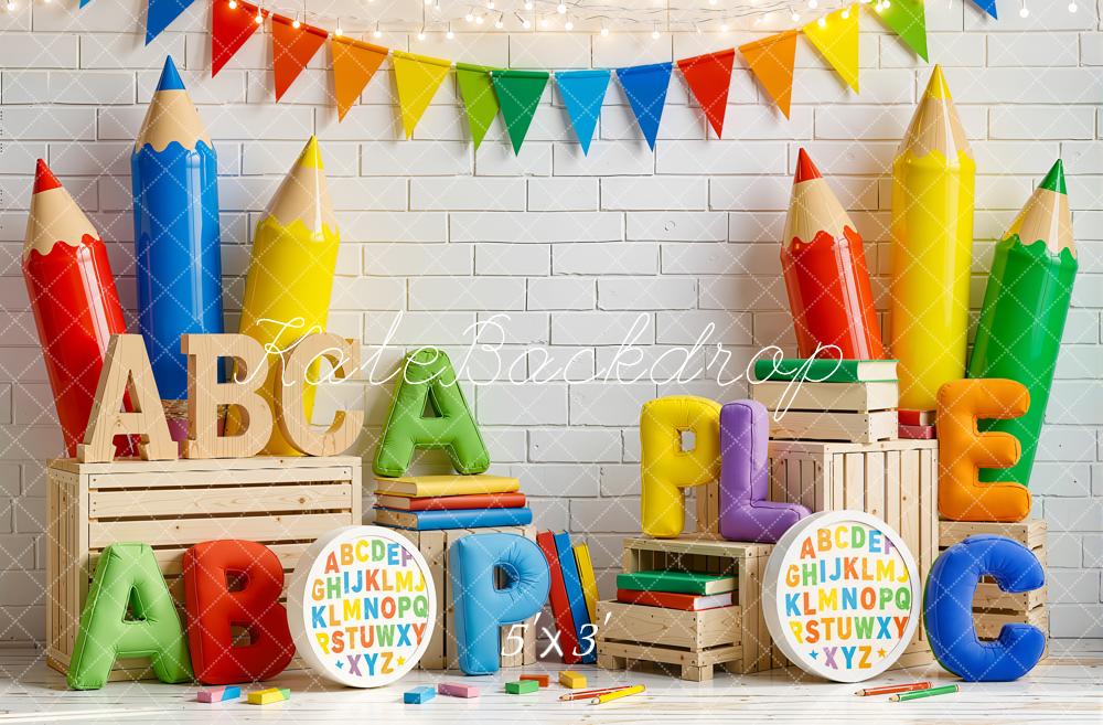Kate Back To School Giant Colorful Pencils Alphabet Crates Printed Backdrop Designed by Emetselch