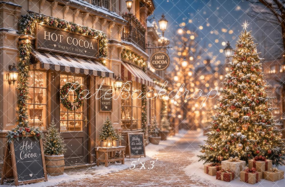 Kate Christmas Hot Cocoa Shop Snowy Street Christmas Tree Printed Backdrop Designed by Emetselch