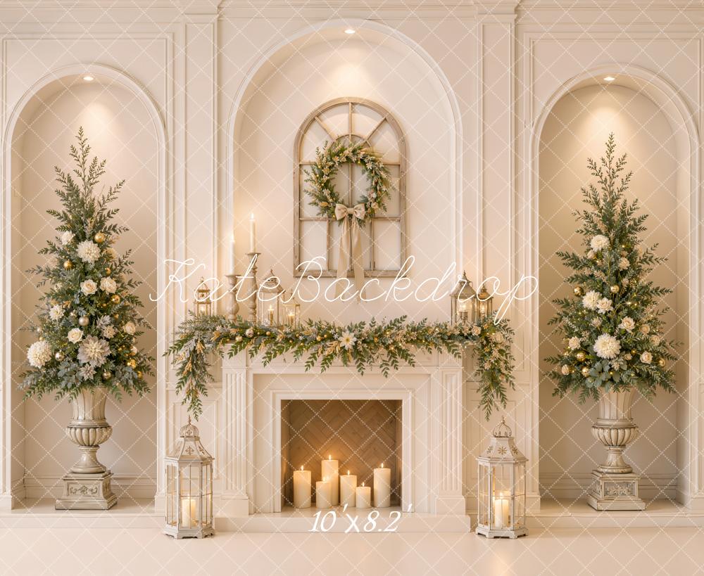 Kate Christmas Fireplace Elegant Trees Wreath Garland Printed Backdrop Designed by Emetselch
