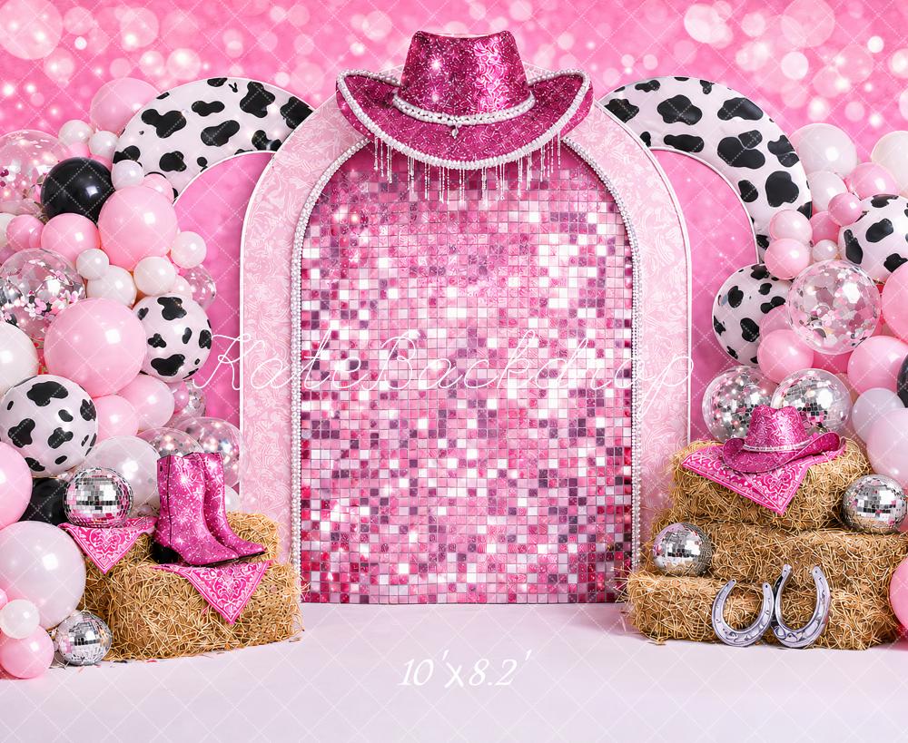 Kate Birthday Pink Cowgirl Disco Balloon Arch Printed Backdrop Designed by Ashley Paul