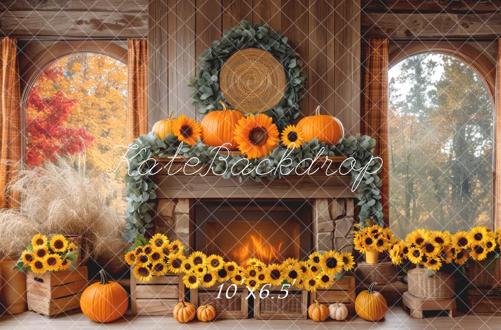 Kate Fall Boho Fireplace Sunflower Pumpkin Backdrop Designed by Mini MakeBelieve