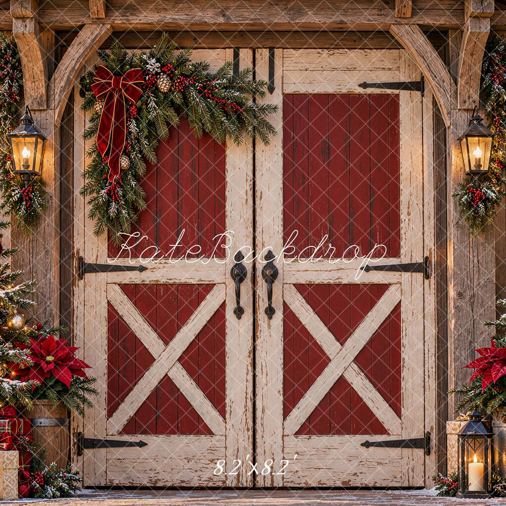 Kate Christmas Rustic Red Barn Door Christmas Trees Gifts Printed Backdrop Designed by Shutter Swan Studios