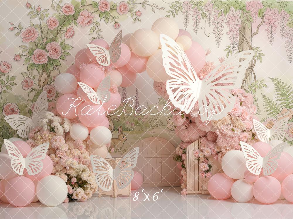 Kate Cake Smash Flower Arch Pink Balloons Roses Butterflies Printed Backdrop Designed by Emetselch