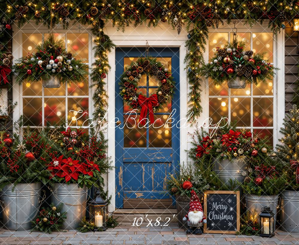Kate Christmas Blue Door Garland Poinsettia Lanterns Printed Backdrop Designed by Emetselch