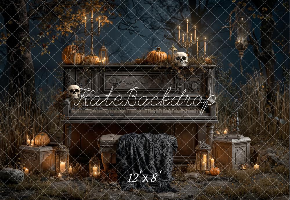 Kate Halloween Vintage Piano Pumpkins Skulls Candles Backdrop Designed by Emetselch